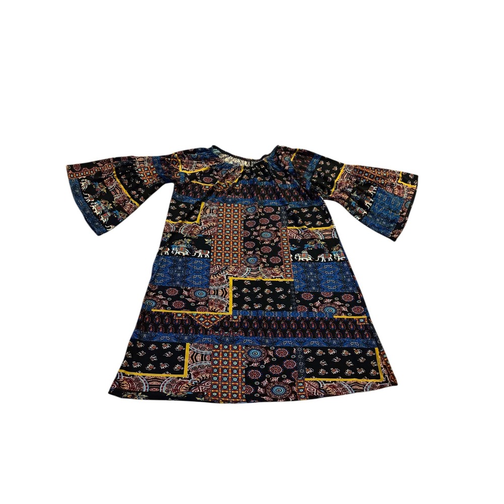 Bohemian Patchwork Bell Sleeve Mini Dress Women's‎ Size XXL XXXL Elephant Print